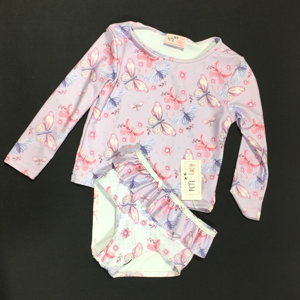 Pete + Lucy Kids Swim Rashguard Set with Pink and Purple Butterflies